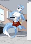 abs absurd_res aged_up anthro athletic_wear biceps big_muscles big_pecs bottomwear canid canine canis cheeky_smile clothing container cookware dairy_products domestic_dog electronics food frying_pan gym_bottomwear gym_shorts hi_res holding_container holding_object hybrid inside kenthenugget kitchen kitchen_utensils male mammal milk mixed_breed muscular muscular_anthro muscular_arms muscular_male muscular_thighs pecs phone scamp_(crescent_blue) schnauzer shorts smile solo sportswear tongue tongue_out tools wolf
