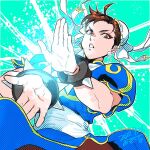  1girl blue_dress bracelet brown_eyes brown_hair brown_pantyhose bun_cover china_dress chinese_clothes chun-li commentary_request double_bun dress earrings eyeshadow fighting_stance hair_bun jewelry makeup misodiru pantyhose pelvic_curtain puffy_short_sleeves puffy_sleeves sash short_hair short_sleeves solo spiked_bracelet spikes street_fighter 