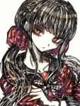  1girl blunt_bangs brown_hair commentary_request danganronpa_(series) danganronpa_v3:_killing_harmony hair_ornament hair_scrunchie hairclip harukawa_maki highres long_hair long_sleeves looking_at_viewer low_twintails mole mole_under_eye red_eyes red_scrunchie red_shirt sailor_collar school_uniform scrunchie shirt smile solo tsukihi_shida twintails 