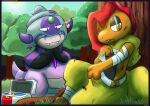 bandage bandaged_arm case female first_aid first_aid_kit forehead_gem forest_background galarian_form galarian_slowking gem generation_5_pokemon generation_8_pokemon hi_res jewelry medical_instrument necklace nintendo pokemon pokemon_(species) regional_form_(pokemon) scientific_instrument scrafty screamoshaymin watching_aside