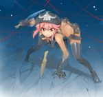  ass belt boots butt_crack covers_(kill_la_kill) dagger fighting_stance gloves hat holster jakuzure_nonon kill_la_kill knife life_fiber miyo_(13th_floor) naked_belt nude nudist_beach_uniform pink_eyes pink_hair planted_knife planted_weapon red_string reverse_grip shoulder_holster skull_print solo spoilers string thigh_boots thighhighs utility_belt weapon 