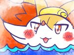 2024 ambiguous_anthro ambiguous_gender annyui0611 anthro bathing blush blush_stickers braixen canid digital_drawing_(artwork) digital_media_(artwork) front_view generation_6_pokemon headshot_portrait hi_res japanese_description mammal nintendo open_:3 open_mouth open_smile partially_submerged pokemon pokemon_(species) portrait simple_background smile snout solo towel towel_on_head translated_description water