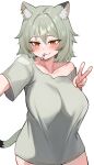  1girl alternate_breast_size_(larger) animal_ear_earrings animal_ear_fluff animal_ears blush breasts cat_ears cat_girl cat_tail cigarette collarbone commentary cowboy_shot english_commentary green_hair green_shirt hair_between_eyes highres large_breasts looking_at_viewer medium_hair naked_shirt pingun shirt short_sleeves simple_background slit_pupils smoke smoke_trail smoking solo t-shirt tail upper_body v white_background yani_neko yani_neko_(yani_neko) yellow_eyes 