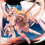 1girl armor blonde_hair blue_eyes breasts cleavage headband long_hair minerva_(p&amp;d) navel puzzle_&amp;_dragons shield solo sword very_long_hair weapon wings 