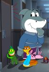 2026 anthro aquatic arachnid arthropod bathrobe bathrobe_only bunny_slippers characiform clothed clothing dreamworks eavesdropping female feral fish footwear group hallway hi_res ledorean male mammal mr._piranha_(the_bad_guys) mr._shark_(the_bad_guys) mr._snake_(the_bad_guys) ms._tarantula_(the_bad_guys) mygalomorph piranha_(fish) reptile robe scalie serrasalmid shark shoes slippers snake sound_lines spider tarantula the_bad_guys