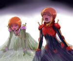  2girls all_fours blush bodysuit bow closed_eyes commentary_request covered_navel elpeo_puru g_gundam gacha-m gundam gundam_zz hair_between_eyes lower_teeth_only mecha_pilot_suit mobile_trace_suit multiple_girls open_mouth orange_hair puru_two red_bow revision science_fiction screaming sidelocks skin_tight sweat sweatdrop tears teeth 