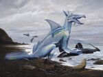 4_legs ambiguous_gender ambiguous_species aquatic avian beak bird blood_in_water brown_body brown_fur cetacean claws cloud cloudy_sky dolphin english_text feral fur gull hi_res hunting iridescent_scales iridescent_tail lari larid mammal oceanic_dolphin open_beak open_mouth orca pinniped red_eyes seal seaside sky solo text toothed_whale wayne_barlowe