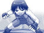  1girl bandaid bandaid_on_cheek bandaid_on_face bent_over blue_eyes blue_hair blue_theme breasts commentary_request determined fighting_stance fingerless_gloves gloves half-closed_eyes hanging_breasts hunched_over legs_apart looking_at_viewer matsubara_aoi mesh mixed_martial_arts monochrome open_mouth sakaki_imasato sleeveless solo sweat teeth to_heart to_heart_(series) unitard upper_teeth_only v-shaped_eyebrows 