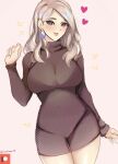  1girl alien_(incelianna) alternate_costume blonde_hair blue_eyes blush bra_visible_through_clothes breasts brown_dress cleavage covered_navel dress earrings fingernails fire_emblem fire_emblem:_three_houses fire_emblem_warriors:_three_hopes grey_hair hand_up heart highres jewelry large_breasts legs light_smile lipstick long_sleeves looking_at_viewer makeup medium_hair mercedes_von_martritz naughty_face official_alternate_hairstyle parted_lips patreon_logo patreon_username pearl_earrings pink_background pink_lips posing purple_eyes seductive_smile smile solo sparkle sweater thighs turtleneck turtleneck_sweater 
