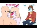 2026 4:3 5_fingers anthro bald being_watched benjamin_mcknight black_border blonde_hair blue_body blue_eyes blue_scales bone_frill border bottomwear brown_hair cavemanon_studios cheating_girlfriend clothing cuck_chair cuckold denim denim_bottomwear denim_clothing dialogue digital_drawing_(artwork) digital_media_(artwork) dinosaur english_text eyewear female female_on_human fingers frill_(anatomy) glasses group hadrosaurid hair hi_res human human_on_anthro i_wani_hug_that_gator imminent_sex inco_(iwhtg) interspecies jacket jeans light-skinned_male light_body light_skin long_hair long_tail looking_at_another magenta_body magenta_scales male male/female male_on_anthro mammal medium_hair meme mia_moretti multicolored_body multicolored_scales nude nude_anthro nude_female orange_clothing orange_jacket orange_topwear ornithischian ornithopod pants parasaurolophus prehistoric_species purple_eyes reptile round_glasses scales scalie simple_background snout sunglasses tail text topwear trio two_tone_body two_tone_scales vexcorp white_background white_body white_scales
