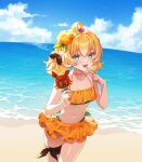  1girl ahoge aqua_eyes beach beads bikini blonde_hair blue_sky blush cloud cloudy_sky commentary cowboy_shot english_commentary famillie_(millie_parfait) flat_chest flower frilled_bikini frills hair_beads hair_between_eyes hair_flower hair_ornament highres leg_ribbon looking_at_viewer medium_hair millie_parfait navel nijisanji nijisanji_en ocean open_mouth orange_bikini pointing pointing_at_self ribbon senmi_(vvv_1864) sky solo swimsuit thigh_ribbon virtual_youtuber 