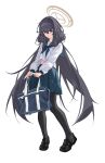  1girl absurdres alternate_costume bag black_hair black_pantyhose black_shoes blue_archive blue_bag blue_eyes blue_hairband blue_neckerchief blue_skirt blush breast_pocket brown_halo closed_mouth commentary_request crossed_bangs full_body hair_between_eyes hairband halo highres holding holding_bag loafers long_hair long_sleeves looking_at_viewer midriff_peek neckerchief pantyhose pleated_skirt pocket school_bag school_uniform serafuku shirt shoes simple_background skirt solo ui_(blue_archive) very_long_hair white_background white_shirt zhuo_lanji 