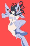  1girl black_hair boots breasts cleavage_cutout elbow_gloves eyebrows flat_color gloves hair_ornament hairclip high_heel_boots high_heels highres junketsu kicking kill_la_kill kiryuuin_satsuki large_breasts nox_(tumblr) panties pantyshot red_background serious solo sweatdrop thick_eyebrows thigh_boots thighhighs underwear 
