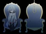  1girl armchair black_background blue_hair chair closed_mouth empty_eyes full_body hair_between_eyes half-closed_eyes highres hugging_own_legs imooishiizo looking_at_viewer messy_hair no_shoes noose on_chair orange_eyes original pantyhose ribbon short_hair simple_background sitting solo white_pantyhose yellow_ribbon 