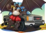 3_toes 5_fingers anthro areola biceps big_bulge big_muscles black_areola black_bod black_nipples black_sclera border bottomwear bulge calf_muscles claws clothing colored deltoids detailed_bulge dragon feet fingers flasker front_view full-length_portrait gmc gradient_background grass green_eyes hi_res horn huge_muscles humanoid_hands looking_at_viewer male membrane_(anatomy) membranous_wings musclegut muscular muscular_anthro muscular_arms muscular_legs muscular_male mythological_creature mythological_scalie mythology nipple_piercing nipple_ring nipples non-mammal_nipples outside pecs piercing plant plantigrade portrait pose red_bottomwear red_clothing red_shorts ring_piercing scalie shaded shadow shirt shorts simple_background smile solo standing tail tail_tuft tank_top toe_claws toes toothy_smile topwear truck tuft vehicle white_border wings