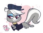 2019 bedroom_eyes beta_design black_beret black_clothing black_shirt black_topwear clothing collar female feral fur gold_(metal) gold_collar grey_body grey_fur hair hasbro higglytownhero littlest_pet_shop littlest_pet_shop_(2012) mammal mephitid metal_collar narrowed_eyes pepper_clark perfume_bottle pink_eyes seductive shirt skunk solo striped_skunk topwear white_hair white_snout