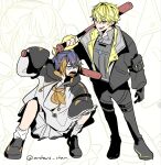  1boy 1girl artist_name baseball_bat black_hair blonde_hair blue_eyes commentary english_commentary folded_ponytail full_body hand_on_own_knee highres holding holding_baseball_bat jitome lineart_zoom_layer mole mole_on_neck multicolored_hair nijisanji nijisanji_en open_mouth orchard_chan petra_gurin petra_gurin_(1st_costume) short_hair slav_squatting sleeves_past_fingers sleeves_past_wrists sonny_brisko sonny_brisko_(1st_costume) squatting streaked_hair twitter_username virtual_youtuber white_background zoom_layer 