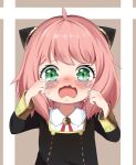  1girl absurdres anya_(spy_x_family) black_dress blush border brown_background child collared_shirt commentary cowlick crying crying_with_eyes_open d: dress eden_academy_school_uniform furrowed_brow gold_trim green_eyes hairpods hands_up highres long_sleeves looking_at_viewer medium_hair neck_ribbon open_mouth pink_hair red_ribbon ribbon sad school_uniform shirt snmdx sobbing solo spy_x_family straight-on streaming_tears tears upper_body wavy_eyes wavy_mouth white_border white_shirt 