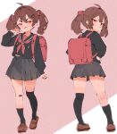  1girl :3 ahoge alternate_costume asymmetrical_legwear backpack bag bandaid bandaid_on_knee bandaid_on_leg black_serafuku black_skirt black_socks black_thighhighs broken_heart broken_heart_hair_ornament brown_shoes closed_mouth commentary english_commentary evil_neuro-sama from_behind full_body hair_between_eyes hair_ornament hair_ribbon heart heart_hair_ornament highres loafers long_sleeves looking_at_viewer manuh985 medium_hair miniskirt multiple_girls pleated_skirt randoseru red_bag red_eyes red_ribbon ribbon school_uniform serafuku shoes single_sock single_thighhigh skirt socks solo thighhighs twintails uneven_legwear vedal_ai virtual_youtuber 