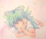  blue_eyes blue_hair bow cirno graphite_(medium) hair_bow hand_in_hair hand_on_own_cheek hand_on_own_face highres ice ice_wings light_smile lying short_hair short_sleeves simple_background smile solo touhou traditional_media watercolor_(medium) wings yuyu_(00365676) 