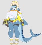 absurd_res alternate_costume anthro aquatic artist_name bandage bangs big_breasts biped blonde_hair blue_body bottomwear breasts clothed clothed_anthro clothed_female clothing cosplay cropped_sweater elegg_(nikke) female fin fingers fish footwear front_view full-length_portrait gills gloves goddess_of_victory:_nikke grey_background grey_bottomwear grey_clothing grey_shorts hair handwear hi_res hotpants huge_breasts humanoid_hands hyuvevo legband long_tail looking_at_viewer markings medium_hair navel non-mammal_breasts non-mammal_navel portrait red_eyes shark shoes shorts simple_background smile solo striped_markings stripes sweater tail tail_fin text topwear valerie_(mellowcapsaicin) white_clothing white_sweater white_topwear