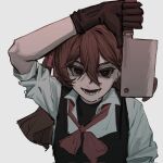  1girl alternate_costume aono_henn apron arm_up black_apron black_bow black_bowtie black_gloves bow bowtie brown_hair butchet cleaver commentary drooling english_commentary evil_neuro-sama gloves hair_between_eyes hair_ribbon highres holding holding_cleaver long_hair looking_at_viewer open_mouth red_eyes red_ribbon ribbon shirt short_sleeves simple_background solo two_side_up upper_body vedal_ai virtual_youtuber white_background white_shirt 