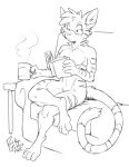 2025 anthro barefoot book container cup digitigrade domestic_cat eyewear feet felid feline felis furniture glasses male mammal monochrome paws reading rick_griffin sketch sofa solo stripes