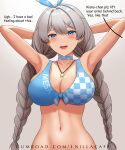  1girl 1nilla' aqua_bikini armpit_focus armpits bikini blue_eyes braid breasts cleavage collarbone commentary english_commentary highres honkai_(series) honkai_impact_3rd jewelry kiana_kaslana kiana_kaslana_(sunny_beach) large_breasts long_hair looking_at_viewer navel necklace solo swimsuit twin_braids upper_body white_hair 