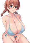  1girl :d aqua_eyes bare_arms between_legs bikini blue_bikini blush braid breasts brown_hair cleavage collarbone commentary emma_verde freckles hair_between_eyes hand_between_own_legs heart heart-shaped_pupils highres huge_breasts long_hair looking_at_viewer love_live! love_live!_nijigasaki_high_school_idol_club low_twintails open_mouth pisagi side-tie_bikini_bottom simple_background smile solo sweat swimsuit symbol-shaped_pupils thighs twin_braids twintails white_background 