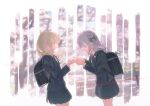  2girls backpack bag bang_dream! bang_dream!_it's_mygo!!!!! black_bag blazer blue_hair blurry blurry_background cherry_blossoms child cowboy_shot from_side green_hair green_jacket green_skirt hair_ribbon highres holding_hands jacket long_hair long_sleeves looking_at_another looking_down miniskirt multiple_girls outdoors pleated_skirt profile randoseru ribbon school_uniform sidelocks sigangsan skirt spring_(season) standing string string_of_fate togawa_sakiko tree wakaba_mutsumi yellow_eyes yuri 