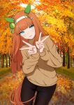  1girl absurdres animal_ears autumn autumn_leaves blue_eyes blunt_bangs brown_pants brown_sweater casual commentary_request cropped_legs double_v ear_covers hair_ornament hairband highres horse_ears horse_girl horse_tail leaf long_hair long_sleeves looking_at_viewer open_mouth orange_hair orange_tail outdoors pants queensalmon221 ribbed_sweater silence_suzuka_(umamusume) smile solo sweater tail tree turtleneck turtleneck_sweater umamusume v white_hairband 
