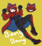  1girl :o adapted_costume arms_up avian_zebra black_bodysuit black_gloves black_shoes blue_bow bodysuit bow breasts bright_pupils cape claw_pose commentary covered_navel disembodied_head dot_nose drop_shadow english_commentary english_text floating_head full_body gloves hair_bow highres knee_up latex latex_bodysuit long_sleeves looking_at_viewer medium_breasts multiple_heads open_mouth red_cape red_eyes red_hair ribbon-trimmed_bow ribbon_trim rock_'n'_rock_'n'_beat sekibanki shin_guards shoes short_hair simple_background skin_tight skirt solo touhou two-sided_cape two-sided_fabric two-tone_cape v-shaped_eyebrows white_pupils yellow_background zipper zipper_pull_tab 