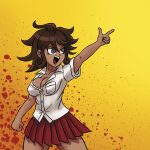  1girl art_trade blood blood_splatter breasts brown_eyes brown_hair cleavage clenched_hand collarbone collared_shirt commentary cowboy_shot danganronpa_(series) danganronpa_2:_goodbye_despair dark-skinned_female dark_skin english_commentary eyelashes hair_between_eyes highres large_breasts medium_hair open_mouth outstretched_arm owari_akane peppertroopa pointing red_skirt shirt short_sleeves skirt smile solo tan teeth upper_teeth_only white_shirt yellow_background 