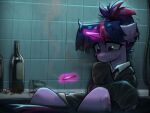 accessory alcohol_bottle bathroom bathtub beverage_bottle bottle cigarette container equid equine female feral friendship_is_magic glowing glowing_horn hair hasbro hi_res horn inner_ear_fluff lerkfruitbat mammal my_little_pony mythological_creature mythological_equine mythology necktie office_clothing ponytail sad smoking solo telekinesis tuft twilight_sparkle_(mlp) unicorn water
