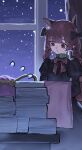  2girls :< animal_ears black_dress bow bowtie braid cat_ears chinese_commentary closed_mouth commentary_request curtains desk dress extra_ears flying_sweatdrops hair_bow hair_ornament hairband heart heart_hair_ornament highres indoors juliet_sleeves kaenbyou_rin komeiji_satori kori_morri long_hair long_sleeves multiple_girls night paper pink_hair pointy_ears puffy_sleeves red_bow red_bowtie red_hair solo_focus star_(sky) touhou twin_braids window yellow_hairband 