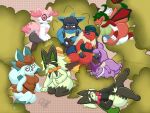 2024 4:3 absurd_res anthro blaziken blue_body blue_fur braixen breasts clothing collared_shirt cowboy_hat digital_drawing_(artwork) digital_media_(artwork) dotted_background eeveelution eyewear fart fart_cloud fart_fetish farting_together female fur generation_1_pokemon generation_3_pokemon generation_4_pokemon generation_6_pokemon generation_9_pokemon glaceon glasses green_body green_fur green_scales group hat headgear headwear hi_res lily_(puppetz) lucario male meowscarada multicolored_body multicolored_fur multicolored_scales nintendo pattern_background pink_body pink_fur pokemon pokemon_(species) puppetz_(artist) purple_body purple_fur red_body red_fur red_scales rosaria_(yikki) scales scarf shirt signature simple_background thick_thighs topwear vaporeon vest white_body white_fur wide_hips