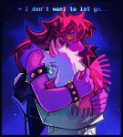  1boy 1girl absurdres broken_eyewear colored_skin commentary deltarune english_commentary english_text fang floppy_ears green_round highres horns hug mihych open_mouth pink_hair pink_horns pink_scarf pink_skin ralsei round_eyewear scarf skin_fang susie_(dark_world)_(deltarune) susie_(deltarune) tears utdr_(toby_fox) white_fur wide-eyed 