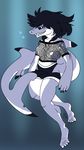  anthro barefoot black_hair black_sclera blue_background breasts bubble clothed clothing fangs female fins fish fishnet godheadharley grey_skin hair looking_at_viewer marine open_mouth pants plain_background scar shark shorts simple_background smile solo teeth underwater water white_eyes 