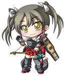  1girl blush bow_(weapon) chibi chibi_only closed_mouth commentary_request full_body grey_hair grey_shoes grey_thighhighs hakama hakama_short_skirt hakama_skirt holding holding_bow_(weapon) holding_weapon japanese_clothes kantai_collection long_hair looking_at_viewer muneate red_hakama shinjitsu shirt shoes short_sleeves simple_background skirt smile solo standing thighhighs twintails weapon white_background white_shirt yellow_eyes zettai_ryouiki zuikaku_(kancolle) 