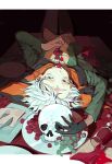  alcohol blood blood_on_clothes blood_on_face commentary_request doublev_vvvvv food fork fruit gloves grapes highres holding holding_food implied_cannibalism jacket knife long_sleeves looking_at_viewer lying natsuki_subaru on_back re:zero_kara_hajimeru_isekai_seikatsu re:zero_kara_tsugihagu_isekai_seikatsu skull spilled_drink table white_hair wine 