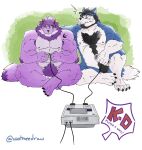 4_toes 5_fingers anthro areola arm_tuft armpit_hair barazoku beard biceps biped black_areola black_beard black_claws black_eyebrows black_facial_hair black_hair black_inner_ear black_markings black_nipples black_nose blue_body blue_ears blue_fur blue_tail bodily_fluids body_hair butterfly_sitting calf_muscles canid canine canis chest_hair claws controller countershade_arms countershade_face countershade_fur countershade_legs countershade_neck countershade_tail countershade_torso countershading crescent_moon_(marking) crotch_tuft deltoids dipstick_tail duo elbow_on_knee elbow_tuft electronics emanata english_text eyebrows facial_hair facial_scar featureless_crotch feet finger_claws fingers first_person_view flash_emanata forearm_muscles front_view fur game_console game_controller gaming garth_warrick gloves_(marking) gradient_ears green_background grey_body grey_fur grinning_at_another hair hand_on_another's_back holding_controller holding_game_controller holding_object humanoid_feet knee_pulled_up leg_markings looking_at_another looking_at_viewer male mammal mane markings mature_anthro mature_male moon_(marking) mouth_closed multicolored_body multicolored_fur muscular muscular_anthro muscular_arm muscular_legs muscular_male mustache nintendo nintendo_controller nipples nude_anthro nude_male orange_ears pecs pink_areola pink_body pink_ears pink_fur pink_nipples pink_tail plantigrade playing_video_game purple_hair purple_mane purple_tail_tip scar signature simple_background sitting sitting_on_ground smug_grin snes_console snes_controller socially_awkward socks_(marking) star_(marking) super_nintendo surprised sweat sweatdrop tail tail_markings text textured_background toe_claws toes triceps tuft two_tone_body two_tone_fur two_tone_tail watmeedraw whisker_spots white_background white_body white_facial_hair white_fur white_inner_ear white_mustache white_tail_tip wide_eyed wolf