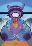 aloha_shirt anthro areola big_breasts big_penis black_eyes blue_clothing blue_shirt blue_topwear breast_play breasts clothing duo eyelashes female first_person_view front_view fur generation_1_pokemon gengar genitals hair hi_res huge_breasts huge_penis human looking_at_viewer male male/female mammal nintendo nipples pattern_clothing pattern_shirt pattern_topwear penis pink_sclera pokemon pokemon_(species) pupils purple_areola purple_body purple_fur purple_hair purple_nipples rayzoir sex shirt short_hair slit_pupils smile titfuck topwear translucent translucent_clothing translucent_shirt translucent_topwear