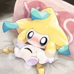 1:1 2026 absurd_res bed belly_eye blush cel_shading censor_bar censored censored_genitalia censored_vulva digital_drawing_(artwork) digital_media_(artwork) female female_humanoid furniture generation_3_pokemon genitals hi_res high-angle_view humanoid jirachi legendary_pokemon lucky777 lying lying_on_bed meme multicolored_body nintendo on_back on_bed pillow pokemon pokemon_(species) shaded solo steam three-quarter_view two_tone_body vulva white_body yellow_body yes-no_pillow yes_pillow