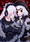  2girls :d absurdres bare_shoulders beret black_eyes black_hat black_horns black_jacket black_ribbon blue_dress blue_hairband bow bug butterfly collarbone collared_shirt colored_tears colored_tips commentary_request contrast_collar cover cover_page crescent crescent_necklace crying crying_with_eyes_open doujin_cover dress dress_bow frilled_dress frilled_hairband frilled_sleeves frills goat_horns gothic_lolita hair_bow hair_over_one_eye hair_ribbon hairband hat highres horns jacket jacket_partially_removed jewelry jogasaki_noah kusawokueyo lolita_fashion lolita_hairband long_hair long_sleeves looking_at_viewer mahou_shoujo_no_majo_saiban messy_hair multi-tied_hair multicolored_hair multiple_girls natsume_an-an neck_ribbon necklace off-shoulder_dress off_shoulder one_eye_covered paintbrush polka_dot polka_dot_bow purple_eyes red_butterfly ribbon shirt sleeves_past_fingers sleeves_past_wrists smile spoilers streaked_hair tears white_hair white_shirt wide_sleeves witch_(manosaba) 