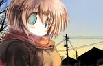  blonde_hair blush building close green_eyes original sakaki_(noi-gren) scarf short_hair sunset tree 