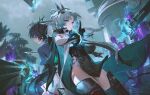  2girls absurdres animal_ears arcane_(arknights) arknights arknights:_endfield back-to-back bird_ears bird_girl black_gloves blue_eyes chen_qianyu_(arknights) ere_chip facial_mark floating floating_gun floating_object floating_weapon forehead_mark gloves gradient_hair grey_hair head_wings highres kuji-in long_hair multicolored_gloves multicolored_hair multiple_girls thighhighs two-tone_gloves two-tone_hair white_gloves wings 