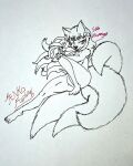 4_tails absurd_res anthro asian_mythology canid canine east_asian_mythology feet female flowing_hair fox fur hair hi_res japanese_mythology mammal markings multi_tail mythology nude pose red_markings simple_background smile solo son_mango tail tamamo-chan's_a_fox tenko_fushimi text traditional_media_(artwork) white_background white_body white_fur