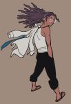  1boy beard_stubble black_pants blue_necktie brown_background brown_hair brown_sandals closed_mouth commentary_request danganronpa_(series) danganronpa_3_(anime) dreadlocks facial_hair glasses hagakure_yasuhiro hand_in_pocket highres jacket jacket_on_shoulders legs_apart long_hair looking_back male_focus matsu_kichi necktie pants round_eyewear sandals shirt simple_background sleeveless sleeveless_shirt standing stubble white-framed_eyewear white_jacket white_shirt 