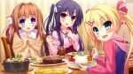  3girls :d blonde_hair blue_eyes blue_hair blue_jacket bow bowl braid brown_hair buttons cardigan chair chopsticks corset curtains double-breasted drink food game_asset green_eyes hair_bow hair_intakes hair_ornament hairclip half_up_braid hinata_nao holding holding_bowl holding_chopsticks hood hooded_jacket hoshimi_asuka hoshimi_miku hoshimi_yuki indoors jacket juliet_sleeves long_hair long_sleeves looking_at_viewer multicolored_jacket multiple_girls neck_ribbon non-web_source official_art on_chair one_side_up pink_shirt puffy_sleeves red_bow red_eyes red_ribbon ribbon rice_bowl sailor_collar shirt sitting smile table twintails two-tone_jacket white_bow white_ribbon white_sailor_collar x_hair_ornament yellow_cardigan yuuwaku_scramble 