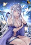  1girl absurdres akatsuki_hijiri bare_shoulders breasts bug butterfly chinese_hairpin cleavage closed_mouth commentary_request crescent crescent_hair_ornament facial_mark grey_hair hair_ornament hair_stick hand_up highres large_breasts li_yang_(mahjong_soul) long_hair looking_at_viewer mahjong_soul mark_under_eye navel night off_shoulder official_art pink_eyes pointy_ears purple_nails second-party_source smile snake solo very_long_hair wide_sleeves 